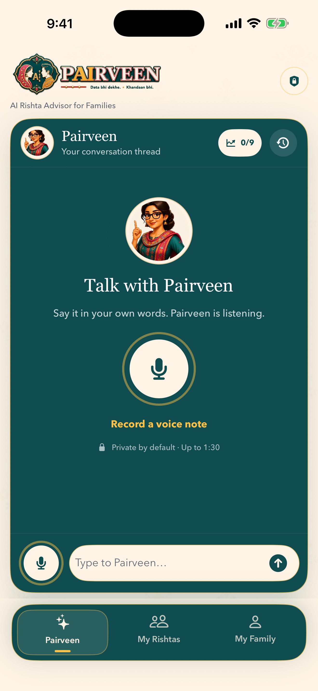 Pairveen iOS conversation screen with voice and text controls