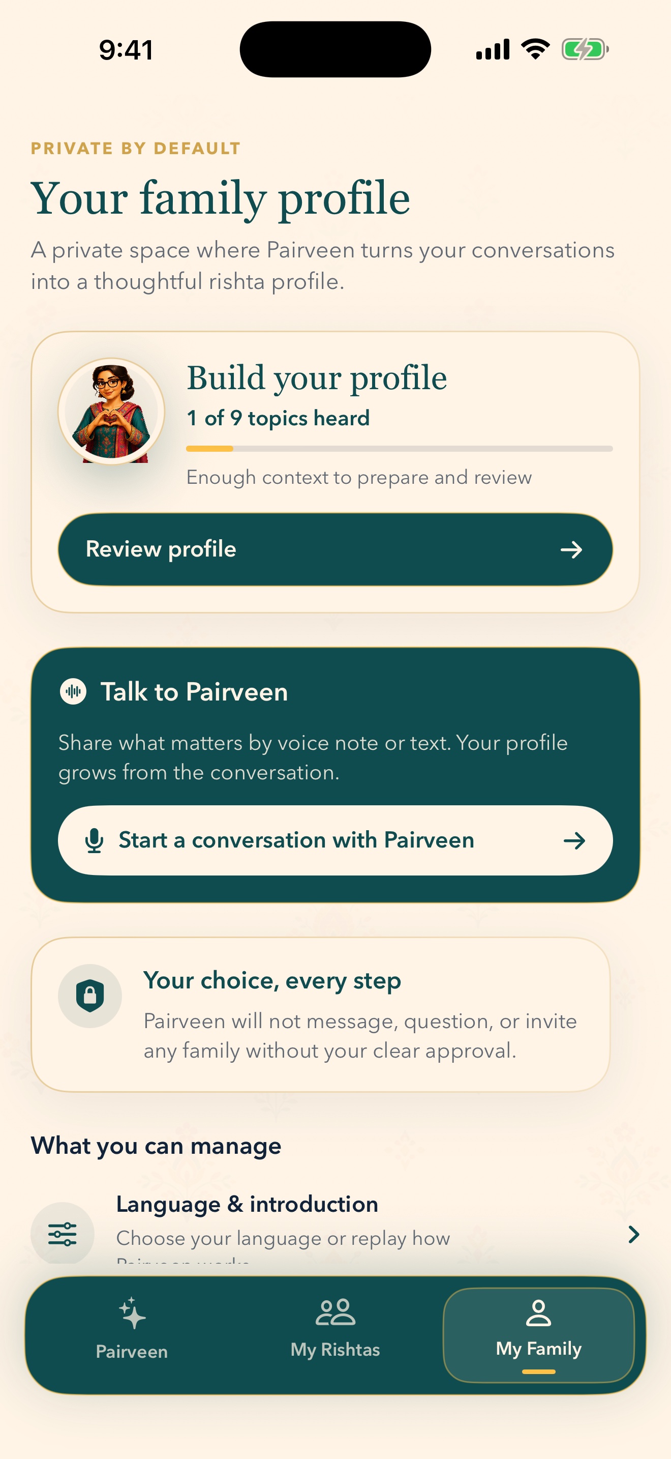 Pairveen iOS family profile screen with progress and review controls