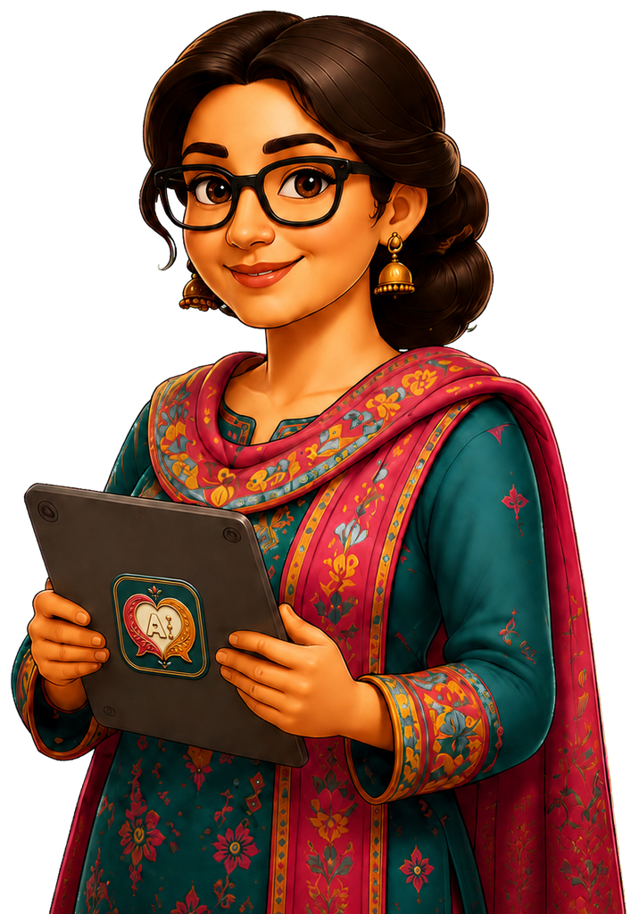 Pairveen, the AI rishta advisor, holding a tablet